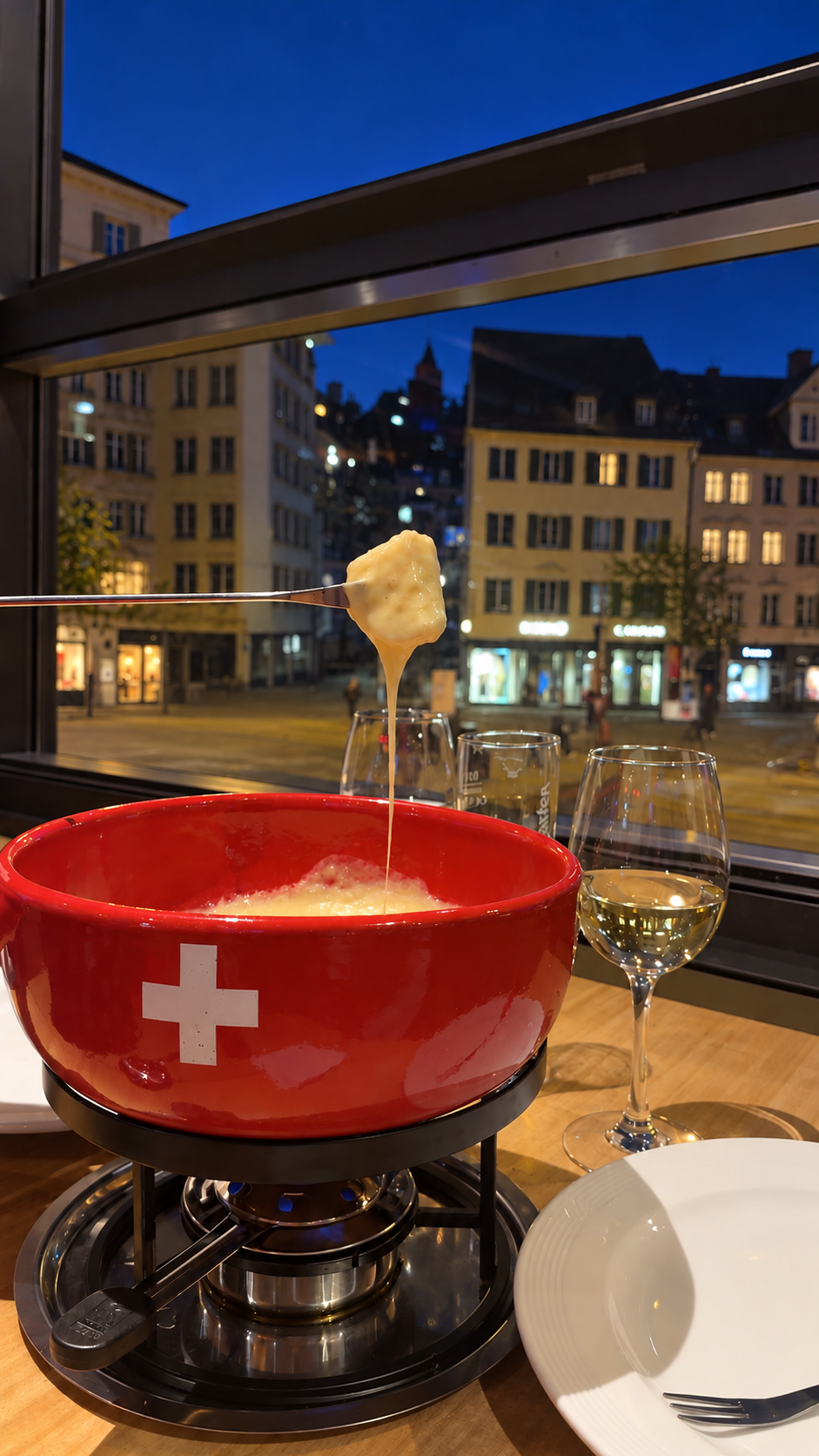 Käsefondue vor der erleuchteten Altstadt bei Nacht