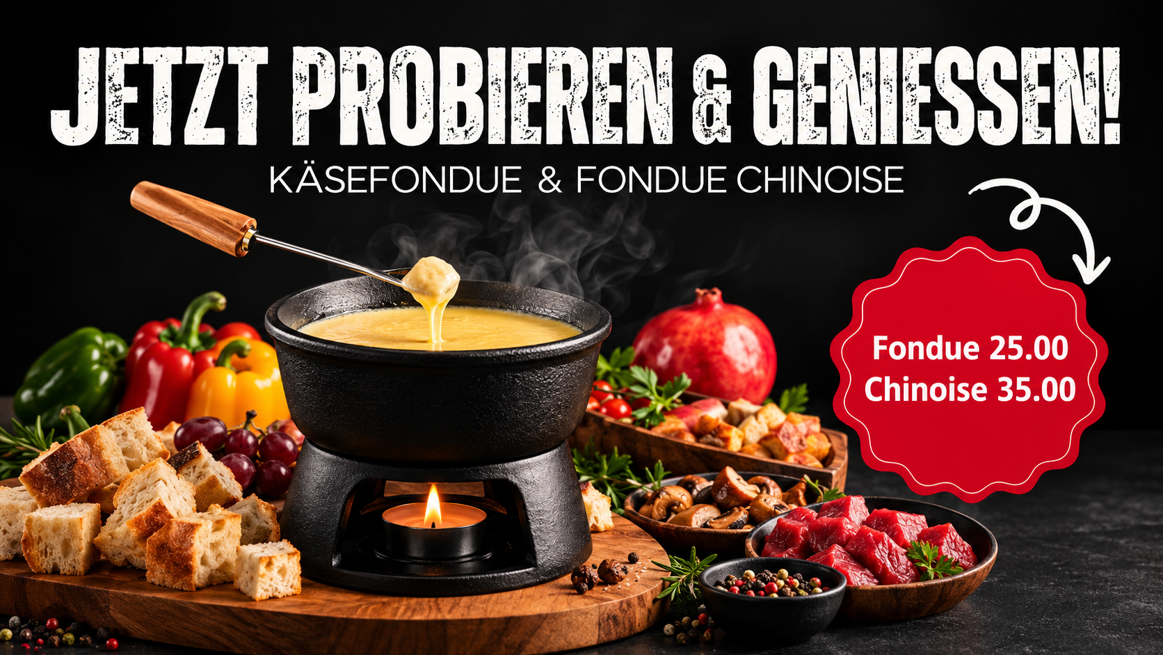 Jetzt probieren und geniessen: Käsefondue CHF 25.00 und Fondue Chinoise CHF 35.00